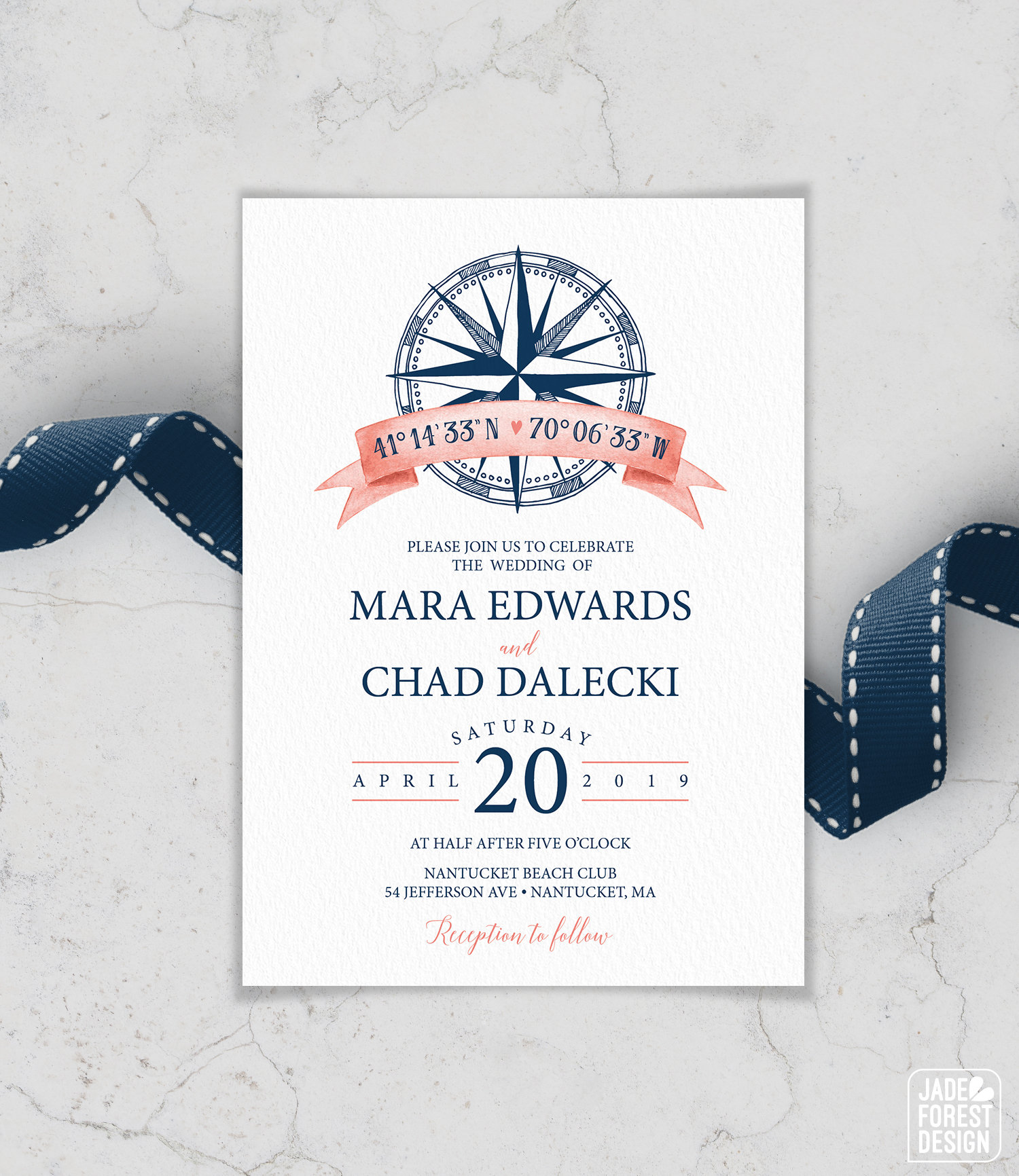 Nautical Wedding Invitation Coral Navy Blue Wedding Invites