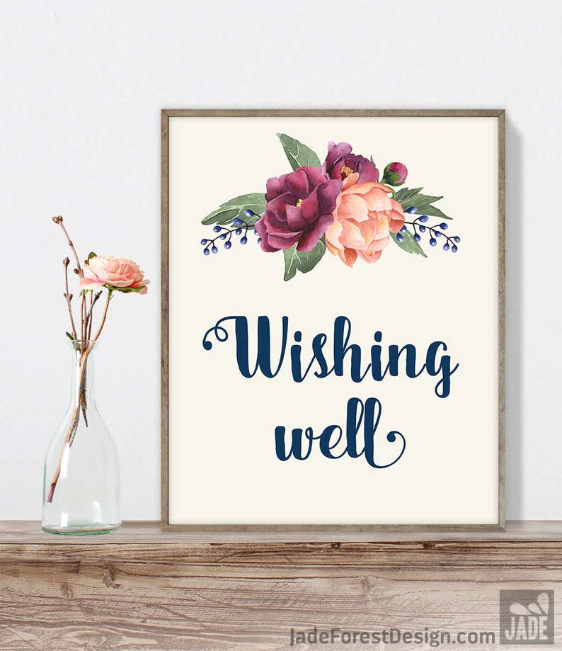 Wishing Well Sign Diy Wedding Wishes Sign Burgundy Peony Etsy