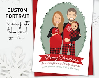 Holiday Pregnancy Announcement Card, Custom Family Portrait Holiday Cards, Matching Christmas PJs, Printed Christmas Card 5x7