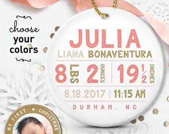My First Christmas Ornament: Baby Girl Coral Gold - Custom Photo & Stats