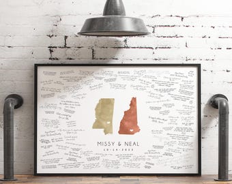Custom Map Guest Book, Watercolor Art (Mississippi & New Hampshire)