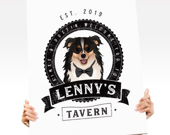 Dog Bar Sign > Custom Dog Portrait & Personalized Logo for Wedding Bar, Distressed Rustic Canvas Print