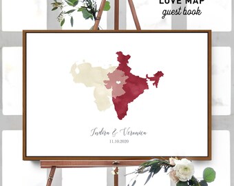 Watercolor Wedding Guestbook, Two State Map, Burgundy (Canvas with Frame)