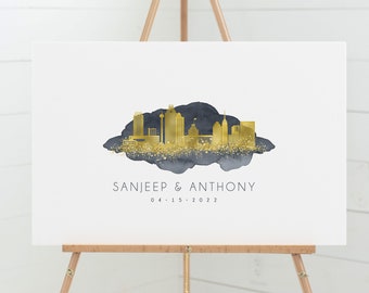 San Antonio skyline guest book alternative •  Custom city wedding sign  • Faux metallic gold & gray watercolor guestbook, Texas wall art