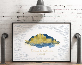 Wedding Guest Book Alternative, Denver Colorado skyline guestbook, sapphire blue and faux metallic gold watercolor, Canvas sign for wedding