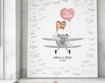 Wedding Guest Book Alternative > Airplane Drawing, Custom Couple Portrait on Plane, Personalized Bride & Groom Cartoon