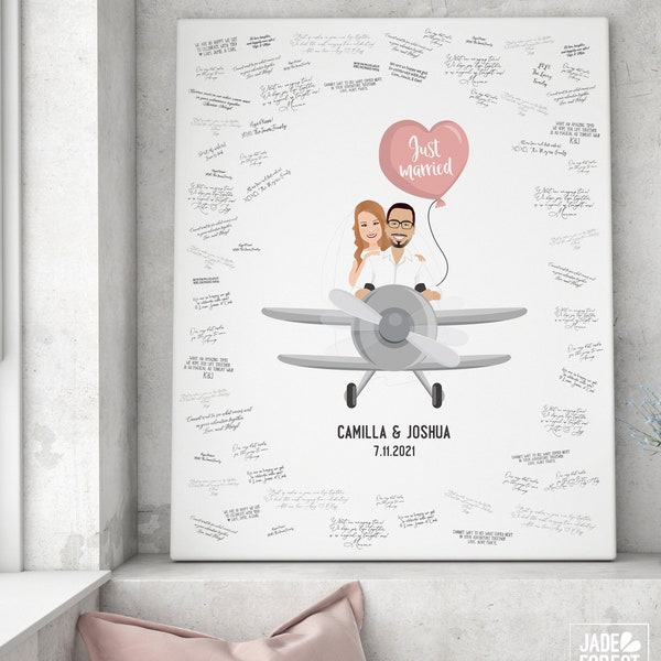 Wedding Guest Book Alternative > Airplane Drawing, Custom Couple Portrait on Plane, Personalized Bride & Groom Cartoon