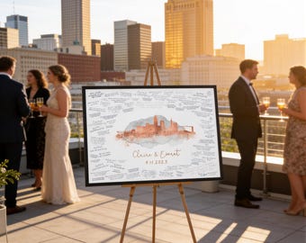 Cleveland Skyline Guestbook To Sign, Rose Gold Watercolor, Rustic Wedding Decor, Canvas Guest Book, Elegant Alternative, Gift For Newlyweds