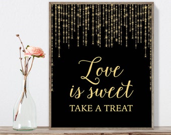 Love Is Sweet Sign DIY / Gold Wedding Sign / Great Gatsby, Bokeh String Light / Black and Gold Calligraphy ▷ Instant Download JPEG