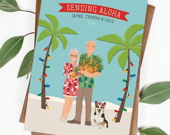 Retired Couple Christmas Card, Christmas in Hawaii Card, Pet Christmas Card, Custom Outfits, Hawaiian Shirts, Fun Holiday Card Ideas