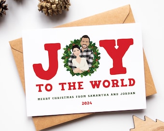 Custom Couple Holiday Card, Joy to the World Christmas Card, Personalized Couple Portrait, Plaid Shirt and Cozy Sweater Holiday Cards
