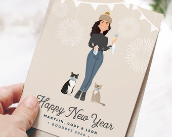 Funny New Years Cards, 2020 Pandemic Card with Pets, Custom Portrait Drawing of Woman with Cats, Mask, Hand Sanitizer and Champagne Glass