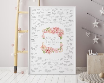 100 Days Guestbook: Pink Hydrangea Floral Frame - Custom Event Sign