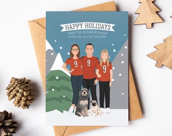 Custom Cartoon Portrait Family Christmas Card, Unique Cartoon Holiday Cards, Printed Cards with Envelopes, Football Christmas, Snowy Trees