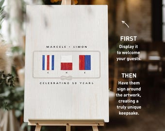 50th Anniversary Party Guest Book Alternative Art, Custom Keepsake Sign, Nautical Flags Canvas, Personalized Coastal Party Sign