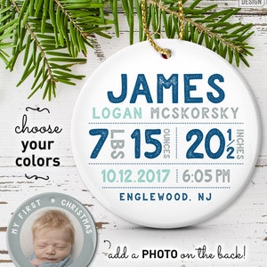 Personalized Baby Ornament, Baby First Christmas Photo Ornament, Baby Boy Birth Stats, Personalized Gift for New Parents image 1