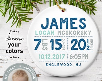 Personalized Baby Ornament, Baby First Christmas Photo Ornament, Baby Boy Birth Stats, Personalized Gift for New Parents