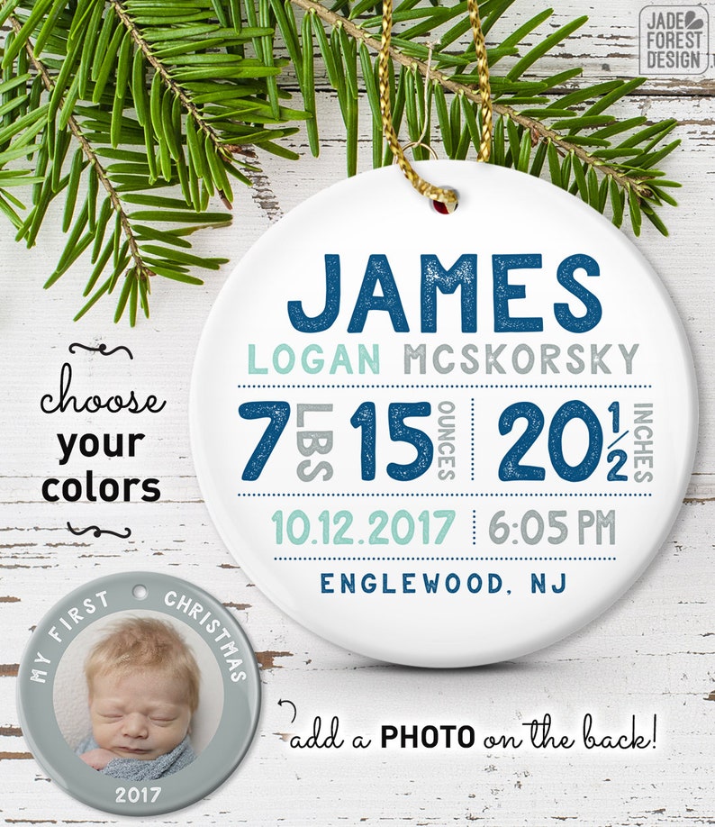 Personalized Baby Ornament, Baby First Christmas Photo Ornament, Baby Boy Birth Stats, Personalized Gift for New Parents image 1