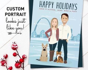 Pet Portrait Holiday Card, Custom Family Portrait Cartoon Christmas Cards, Saint Louis Skyline , Printed Card 5x7