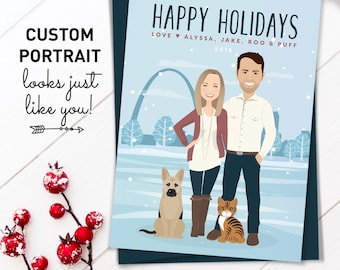 Pet Portrait Holiday Card, Custom Family Portrait Cartoon Christmas Cards, Saint Louis Skyline , Printed Card 5x7