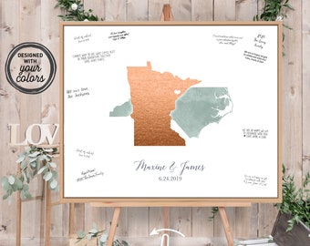 Wedding Guest Book Alternative > Dusty green watercolor & faux metallic copper guestbook canvas, State or country map guest book {moa}