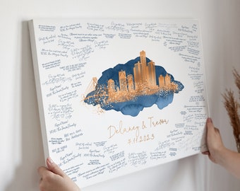 Wedding Guest Book Alternative, Detroit Skyline Wall Art, Copper & Sapphire Watercolor, Wedding Guestbook to Sign and Hang, Wedding Memento