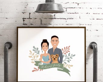 Family Cartoon Portrait: Personalized Drawing with Yorkie - Framed or Unframed