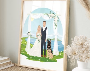 Lake Wedding Portrait with Custom Background, Personalized Cartoon Illustration from Photo, Custom Location, Unique Anniversary Gift Ideas