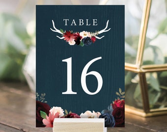 Rustic Table Numbers, Burgundy Navy Boho Wedding Table Names, Marsala Blush Flowers and Antlers > PRINTED Table Number Cards