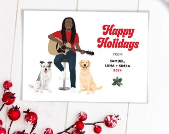 Custom Portrait Cartoon Christmas Card, Man Playing Guitar with Dogs, Personalized Holiday Cards, Funny Holiday Cards with Dogs