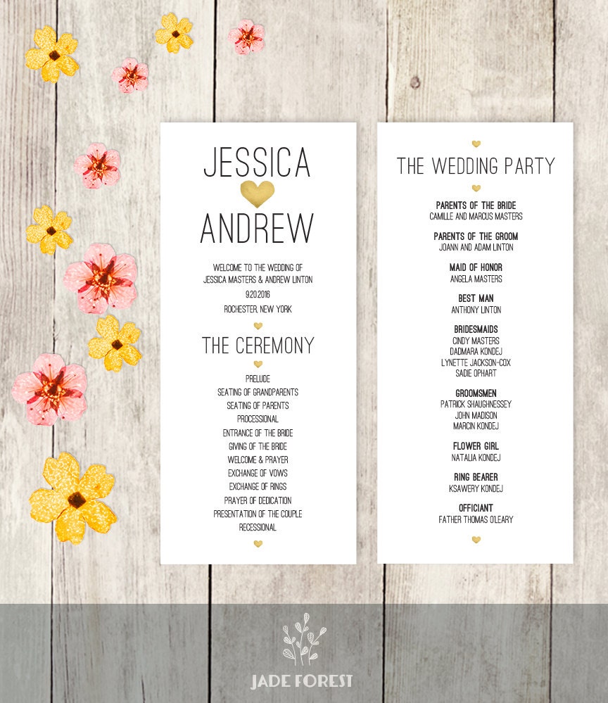 wedding program gold watercolor heart wedding party card