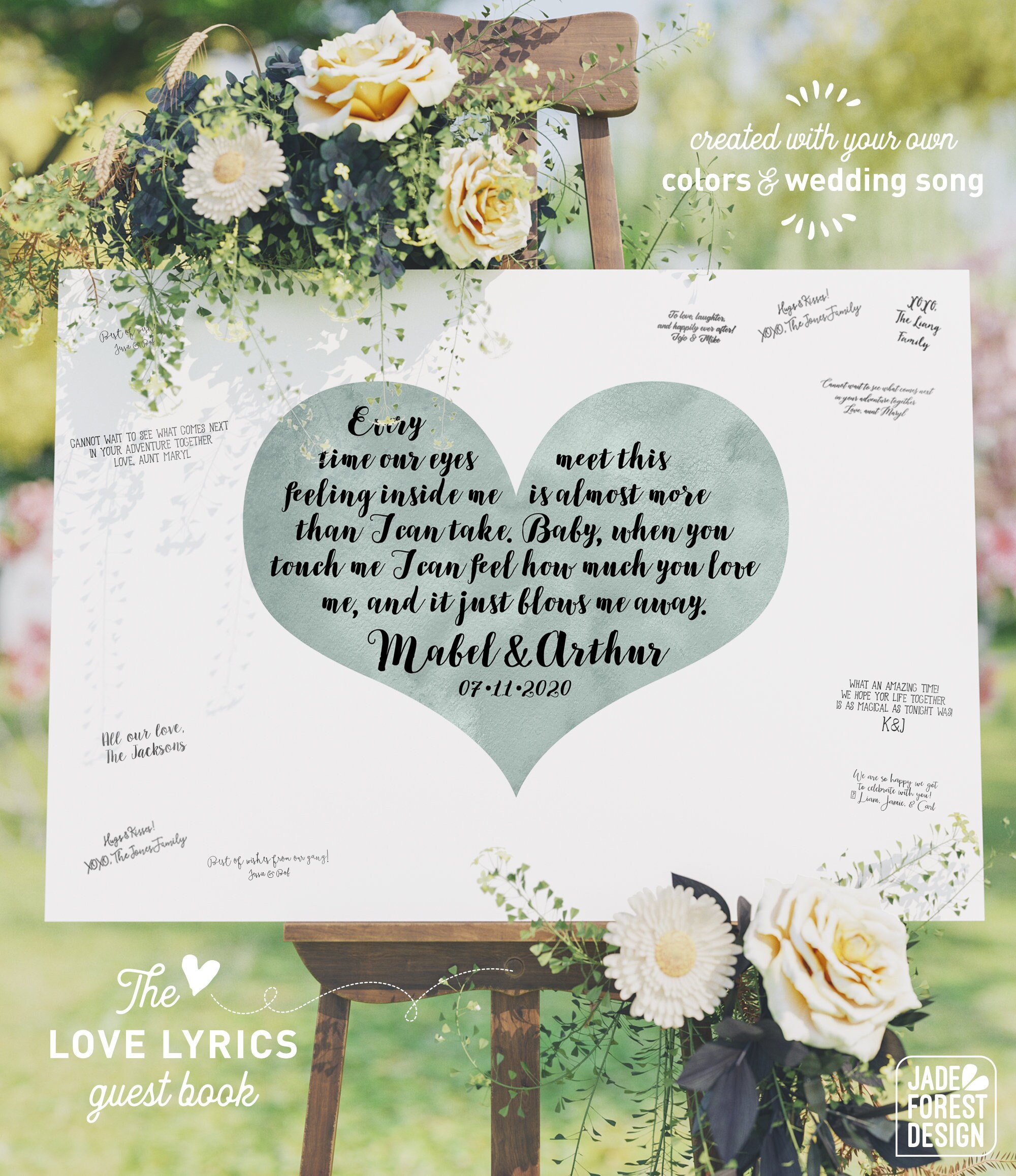 Wedding Guest Book Alternative Boho Calligraphy On Dusty Miller Green Watercolor Heart Wedding Song Lyrics Canvas Guestbook Sign