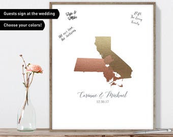 Wedding Guest Book, Personalized Wedding Sign, Faux Metallic Guest Book Map, Custom Guestbook Canvas, Unique Guest Book Gift Idea