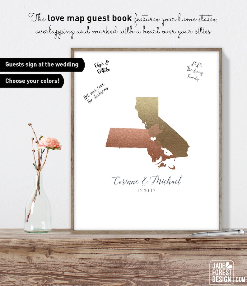 Wedding Guest Book, Personalized Wedding Sign, Faux Metallic Guest Book Map, Custom Guestbook Canvas, Unique Guest Book Gift Idea image 1