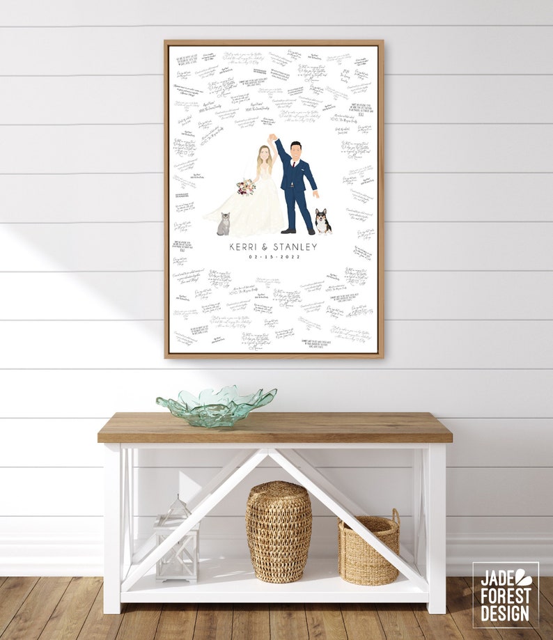 Portrait guest book alternative canvas Custom wedding cartoon with dogs First dance art Personalized couple dancing drawing from photo image 9