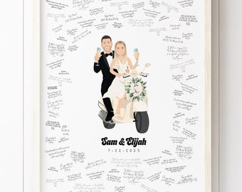Guest Book Alternative Portrait, Wedding Canvas Guestbook, Personalized Couple Drawing on Moped, Bride & Groom on a Vespa, Custom Cartoon