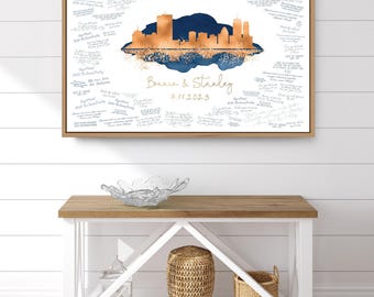 Boston Wedding Guestbook, Copper Navy Skyline (Rustic Maple Frame)