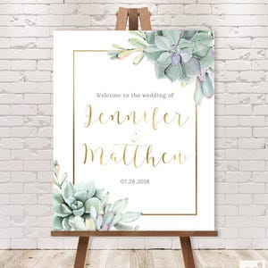 Succulent Wedding Welcome Sign / Greenery and Gold Geometric / Green Cactus and Gold Calligraphy ▷ Printable File {or} Printed & Shipped