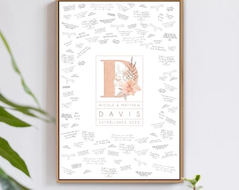 WEDDING GUEST BOOK Alternative, wedding logo canvas, custom last name guest book to pass around and sign, coral pink flower monogram {mow}
