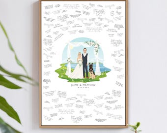 Custom Wedding Guest Book: Personalized Couple Portrait with Lake Scene