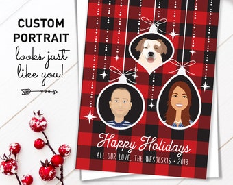 Custom Family Portrait Christmas Card, Buffalo Plaid Holiday Cards, Custom Cartoon Portrait with Pet, Rustic Christmas Cards Printed