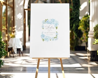 Hydrangea Birthday Guest Book, Blue Floral Theme (Custom 50th Sign)