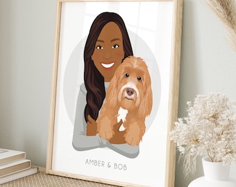 Personalized Pet Portrait Wall Art Canvas Print, Custom Dog Drawing with Goldendoodle, Thoughtful Gift for Mothers Day, Custom Cartoon Art