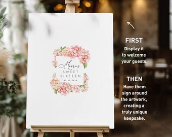 Sweet Sixteen Guest Book, Pink Hydrangea Rustic Frame (Keepsake Sign)