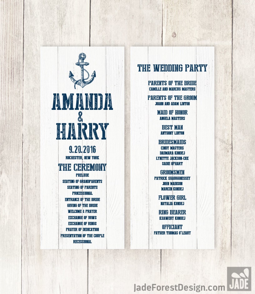 Nautical Wedding Program Nautical Planks Navy Anchor