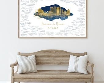 Skyline Guestbook: Birmingham Wedding Sign (Navy Blue & Faux Metallic Gold)