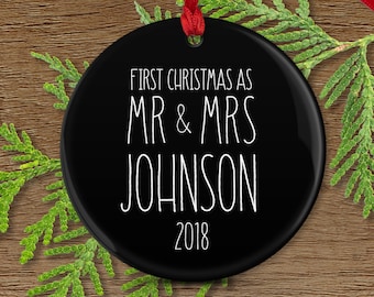 First Married Christmas as Mr and Mrs, Rustic Farmhouse Ornament, Modern Minimalist Decor, Couple Wedding Gift Idea, Black and White