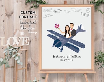 Photo Into Cartoon, Groom Gift For Bride, Wedding Guest Book, Navy Canvas Portrait with Airplane Pilot and Bride, Custom Signed Artwork