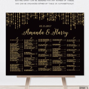 Wedding Seating Chart Sign / Great Gatsby Inspired Bokeh String Light / Black and Gold Calligraphy Printable File or Printed & Shipped image 2