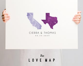 Custom Wedding Guest Book: Two States Watercolor Map